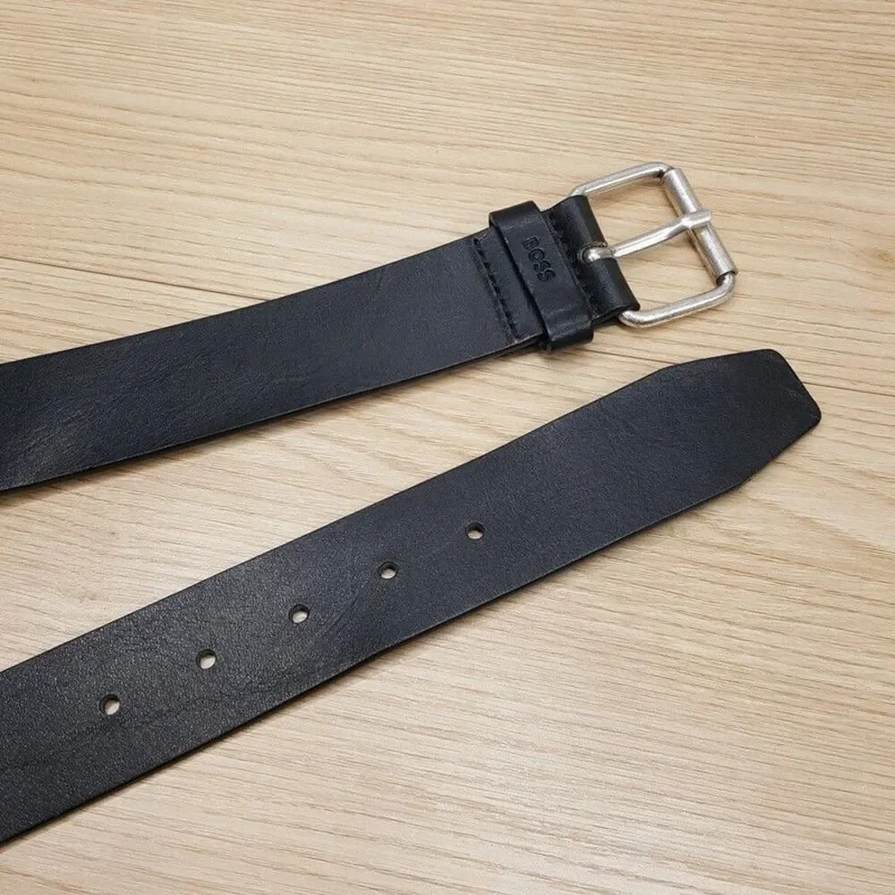 HUGO BOSS Belt Mens Size 42 Black Leather Silver Buckle SERGE